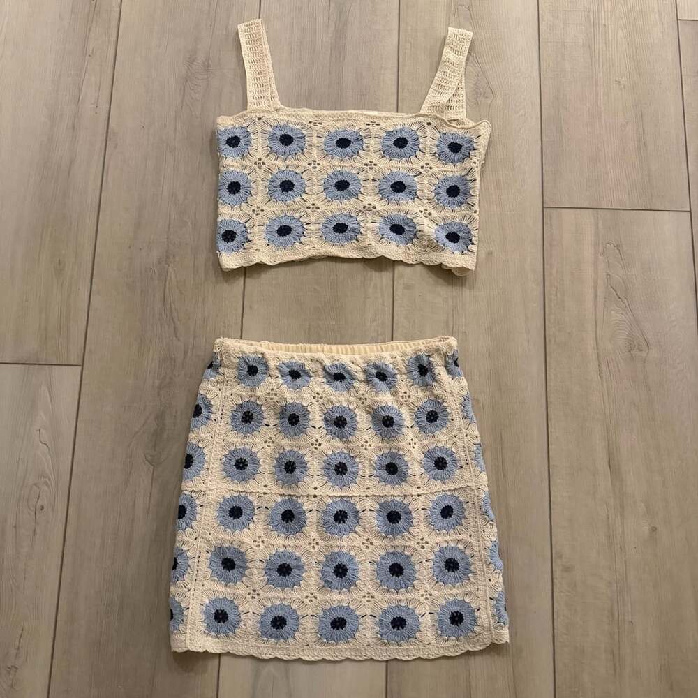 Rebellion Crochet Two Piece Set Size L Blue Floral